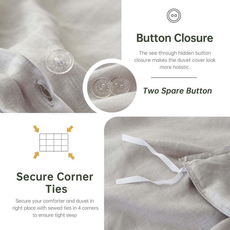 Simple&Opulence 100% Linen Duvet Cover Set, 3 PCS Natural French Flax Light Grey Duvet Cover Queen Size, Breathable Soft Comfy Linen Bedding Comforter Cover with 2 Pillowcases(Light Grey, 88" x 92") - Image 2
